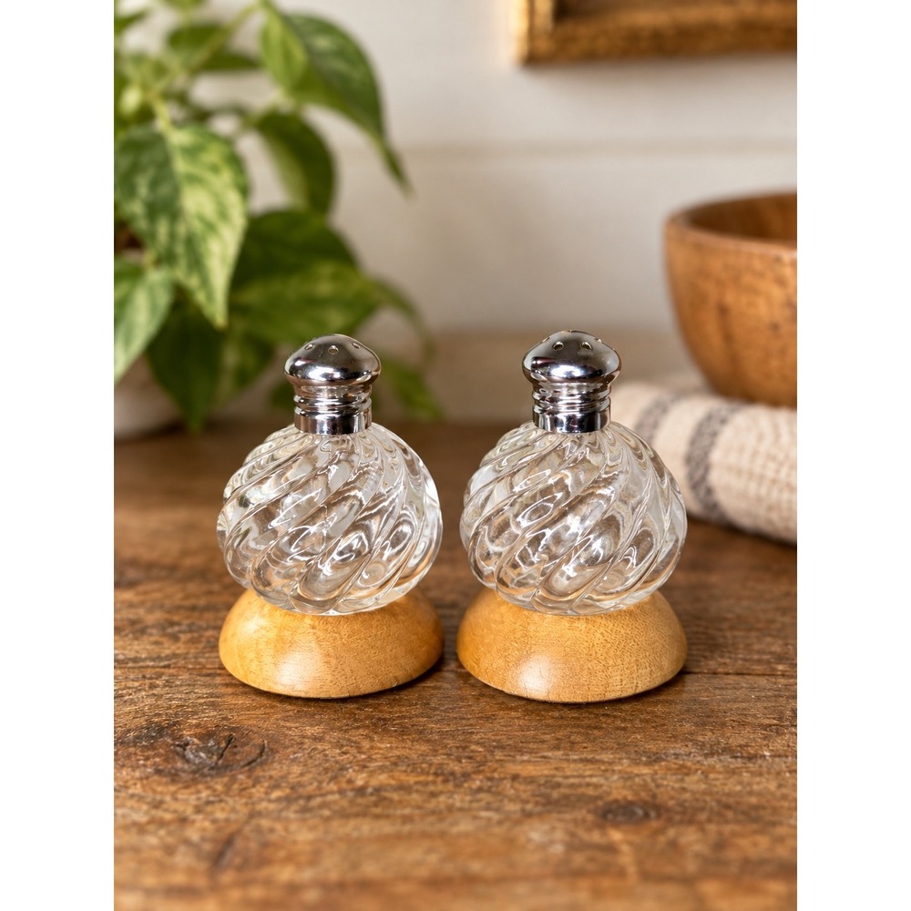 Vintage House of Myrtlewood Glass Salt and Pepper Shakers Oregon Wood Base Set